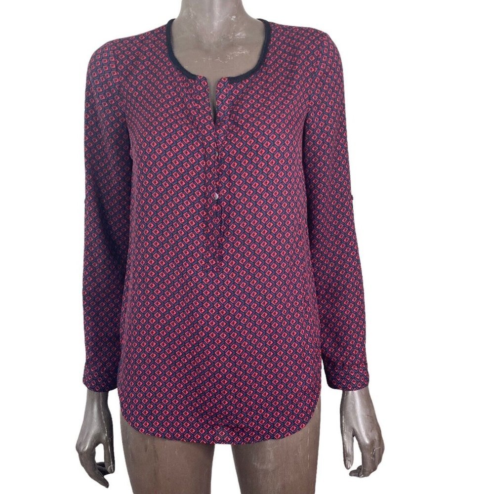 Daniel Rainn Blouse Half Button Front Blue and Red Pattern Womens Size XS